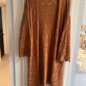 Rust Open-Knit Women's Sweater Burn Orange Cardigan Midi Bell Sleeve